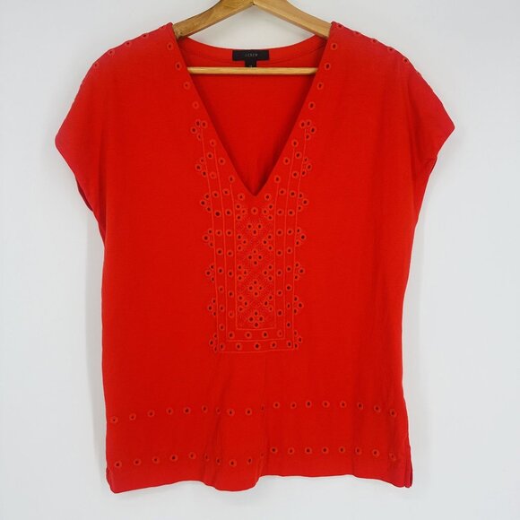 J.Crew Red V-Neck Eyelet Cap Sleeve Embroidered Cotton T-Shirt Blouse Top XS - Picture 2 of 10